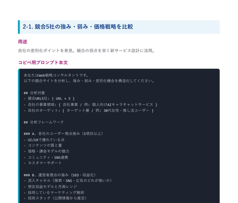 Deep Research 完全攻略プロンプト集2026（40本＋特典） ｜ 中のページ（2-1 競合5社の強み・弱み・価格戦略を比較）